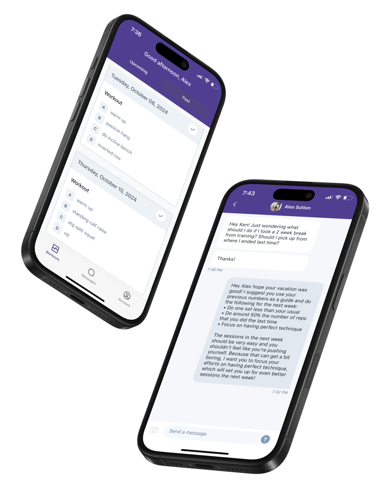 The Icarus app on two iPhones — a workout schedule and coaching chat