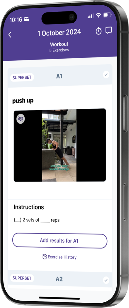 The TrueCoach app showing a coached workout with video demo and instructions